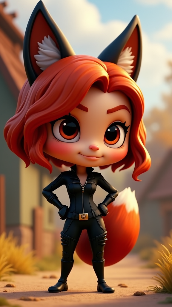 Confident Black Widow as sly red fox