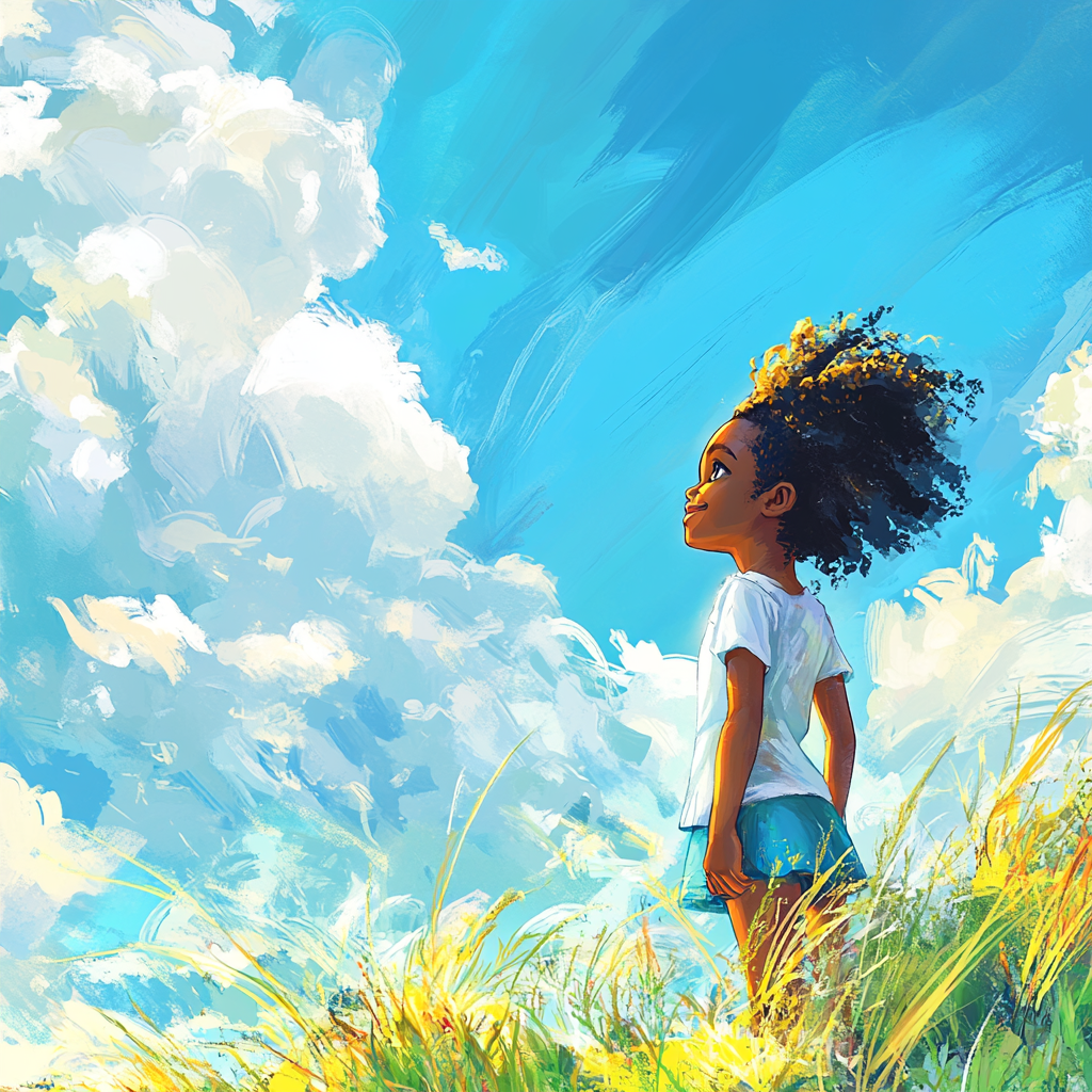 Confident Black child standing joyfully under blue sky