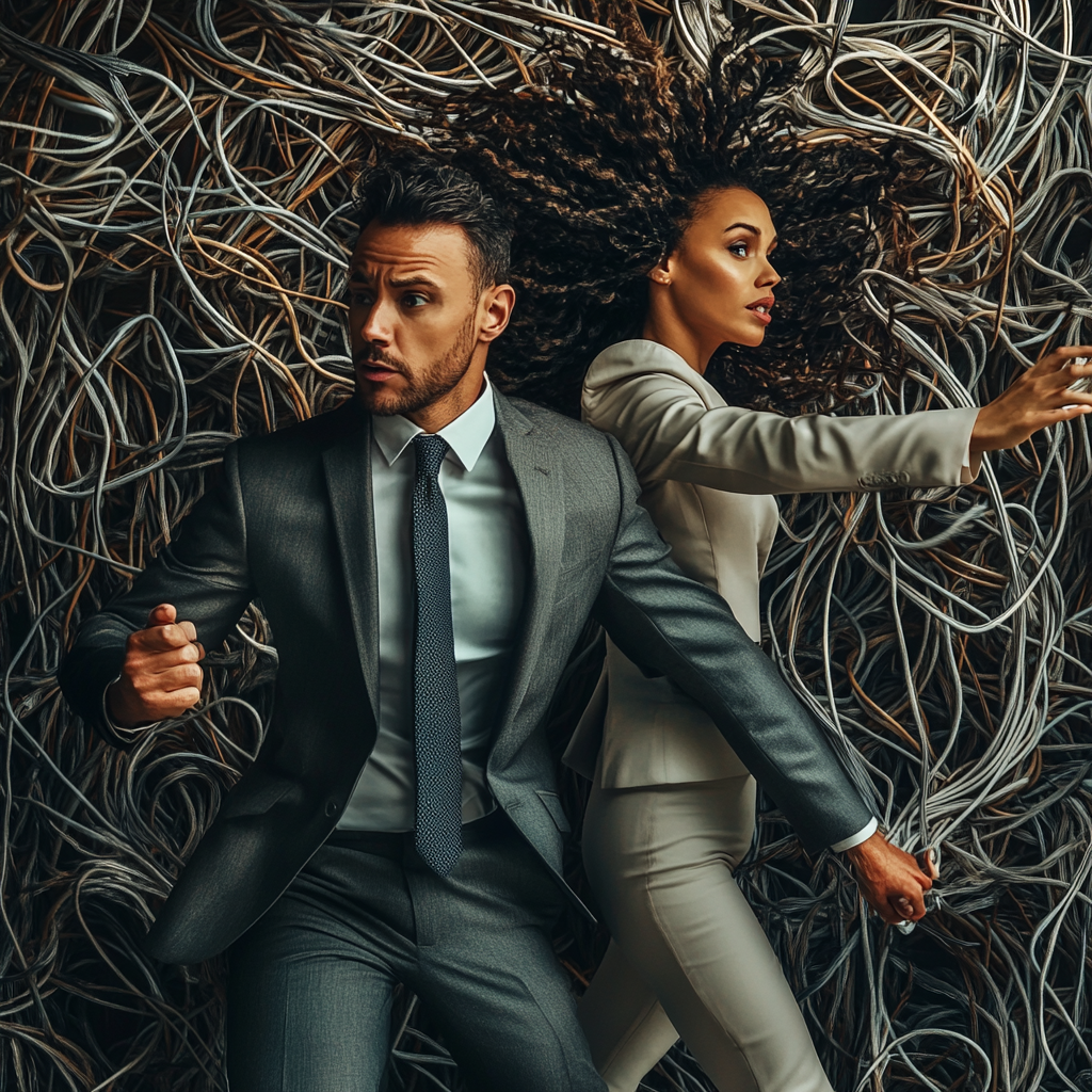 Confident Business Duo Escaping Tangled Mess