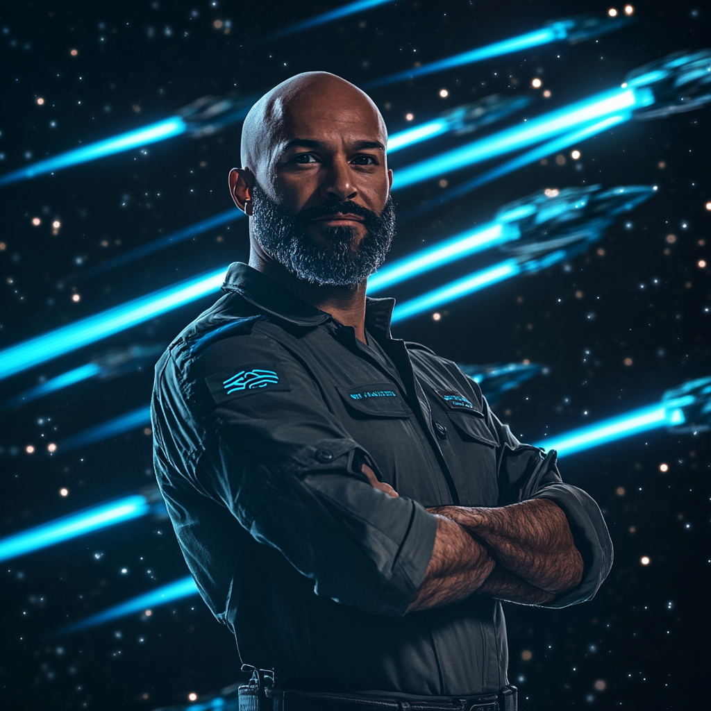 Confident Dominican man in military attire with futuristic fleet.