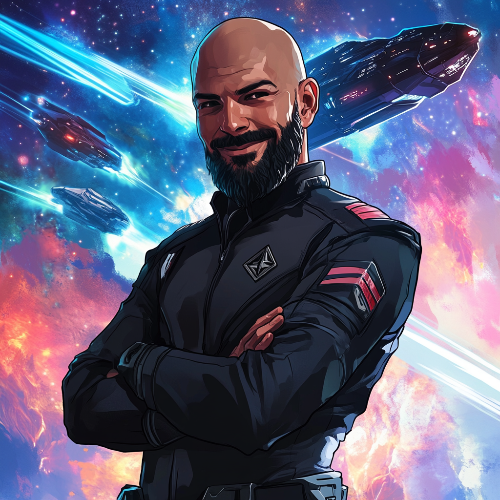 Confident Dominican man in military attire with futuristic space fleet.