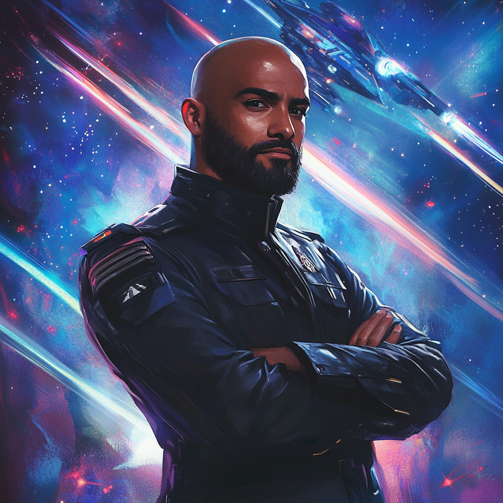 Confident Dominican man in military attire with space fleet.