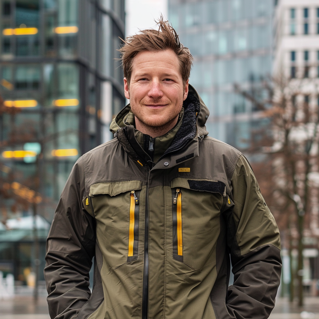 Confident German man in outdoor jacket, urban background.