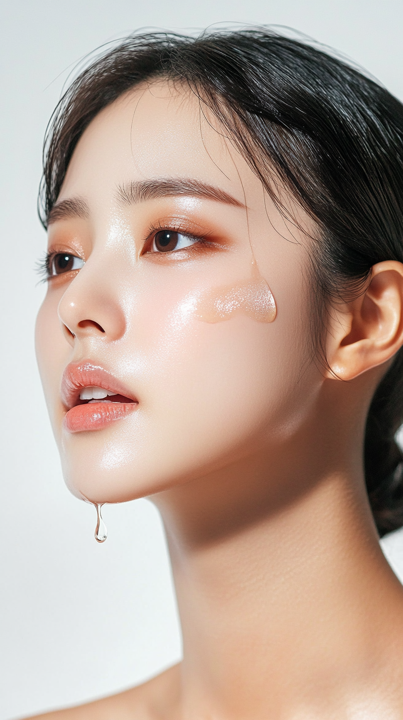 Confident Korean Woman Applying Facial Oil Beautifully