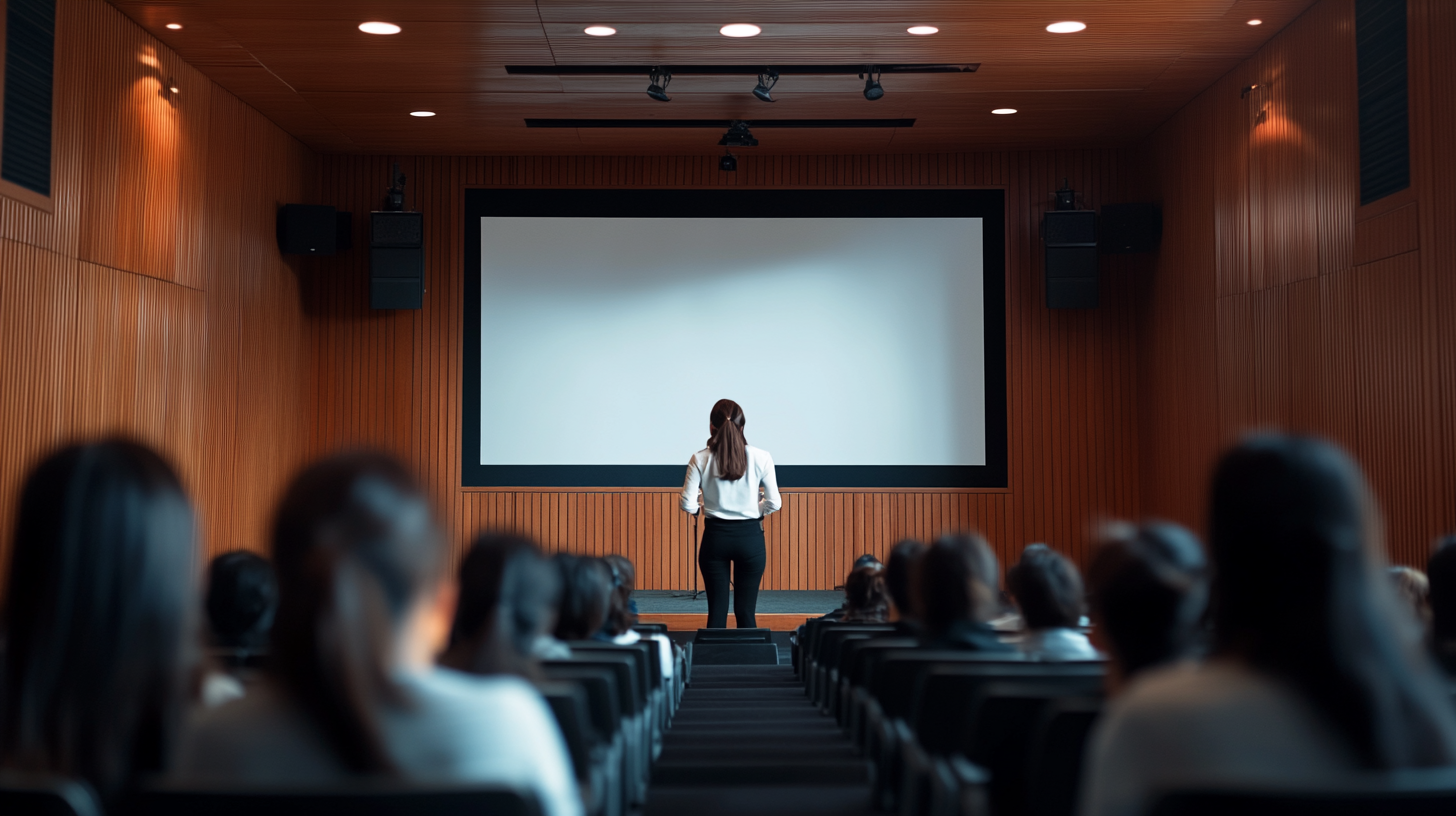 Confident Korean woman lecturing with exquisite presentation screen.