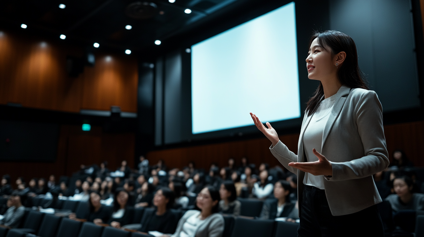 Confident Korean woman lecturing with stunning presentation screen.