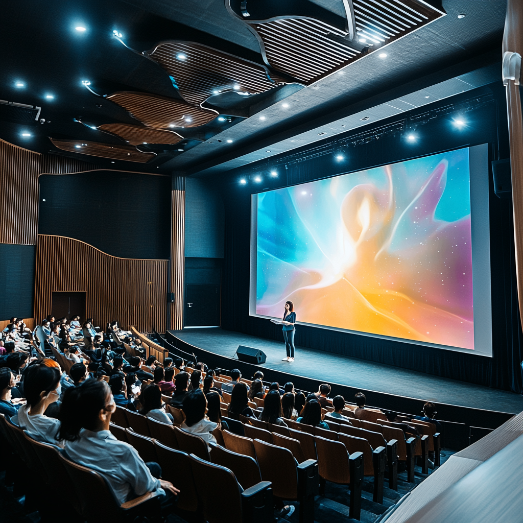 Confident Korean woman presenting in modern auditorium.