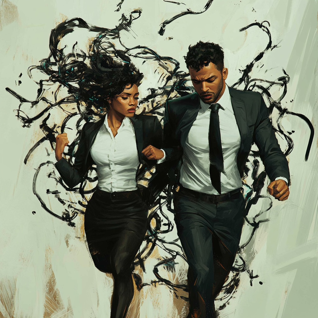 Confident Mixed Race Business Duo Escaping Chaos