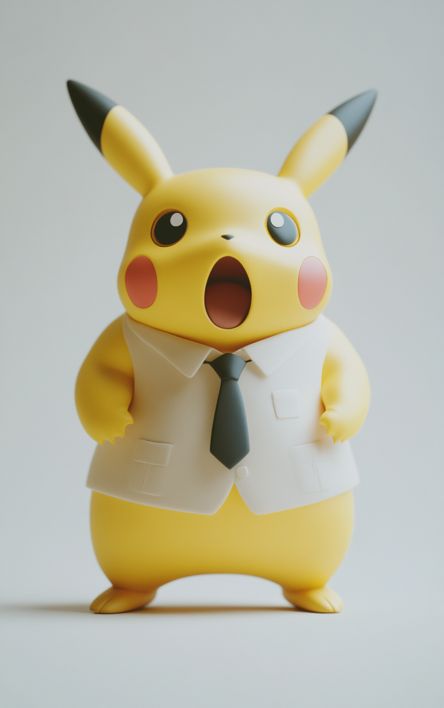 Confident Pikachu giving speech in diorama, white background tilt-shift