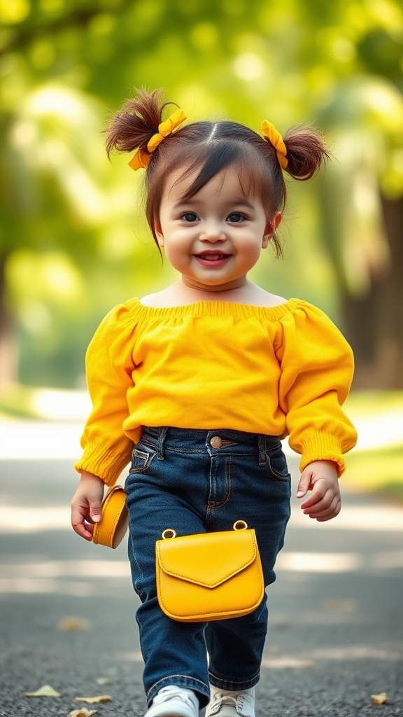 Confident Young Child in Trendy Outfit Strolling Outdoors