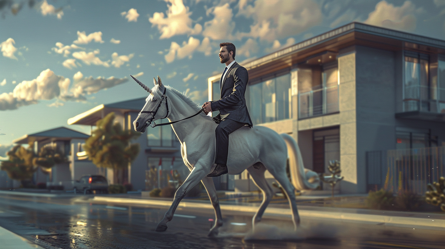 Confident agent rides unicorn in modern neighborhood setting.