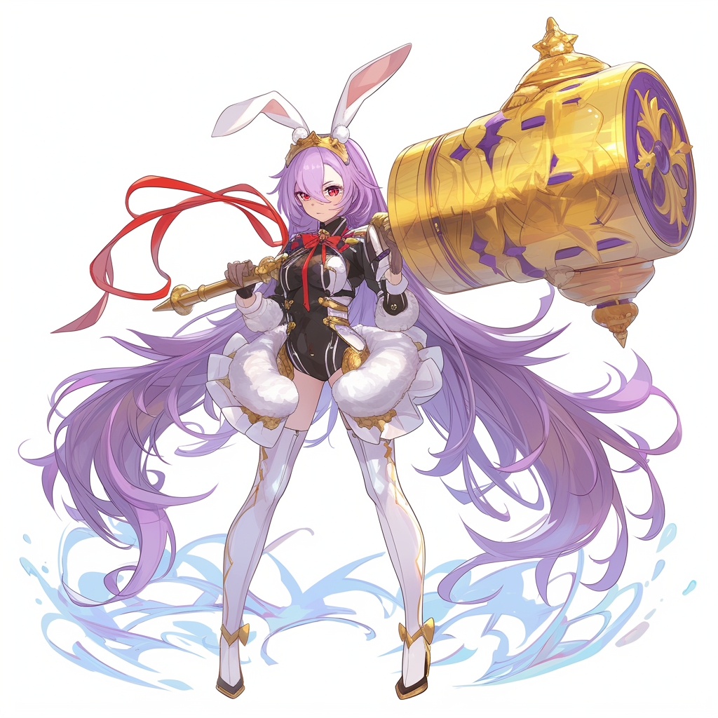 Confident anime-style female with purple hair, bunny ears.