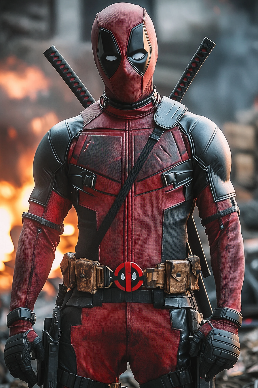 Confident anti-hero in red and black suit surrounded by chaos.