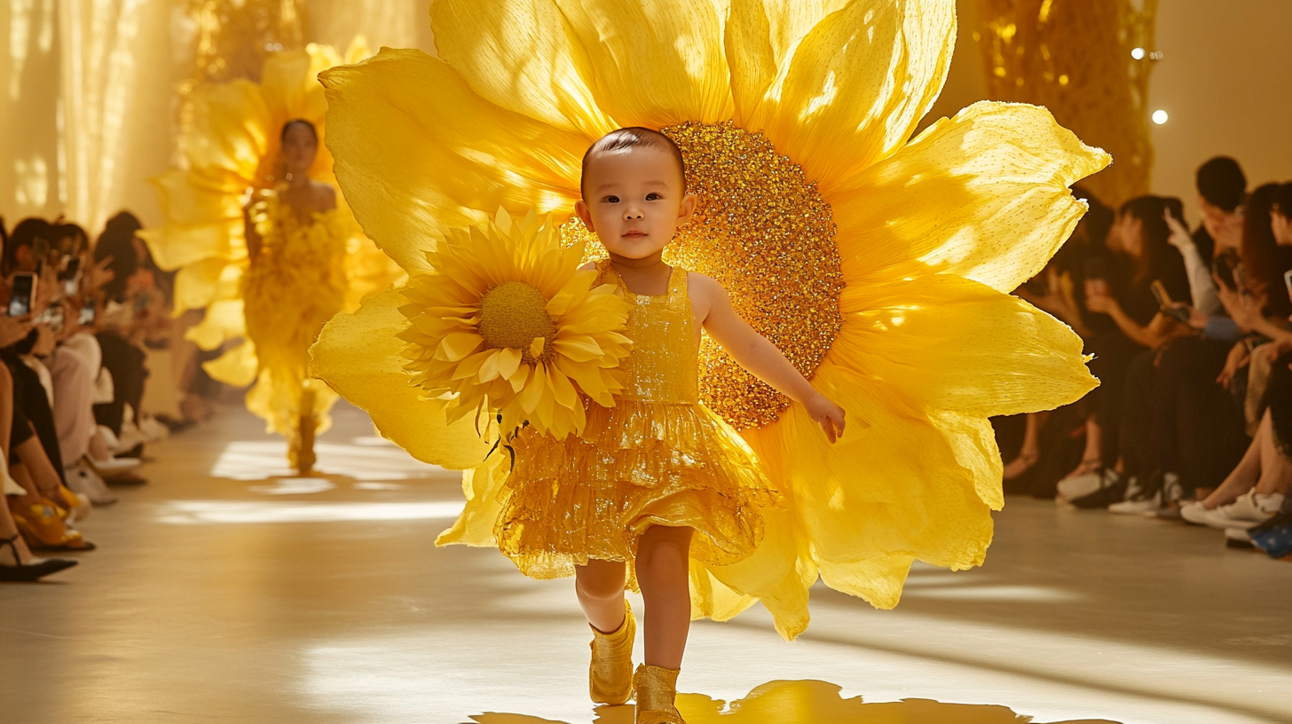 Confident baby in yellow flower outfit walks runway beautifully.