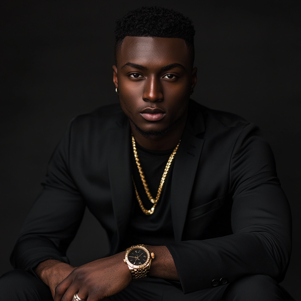 Confident black man in all-black outfit, intense pose