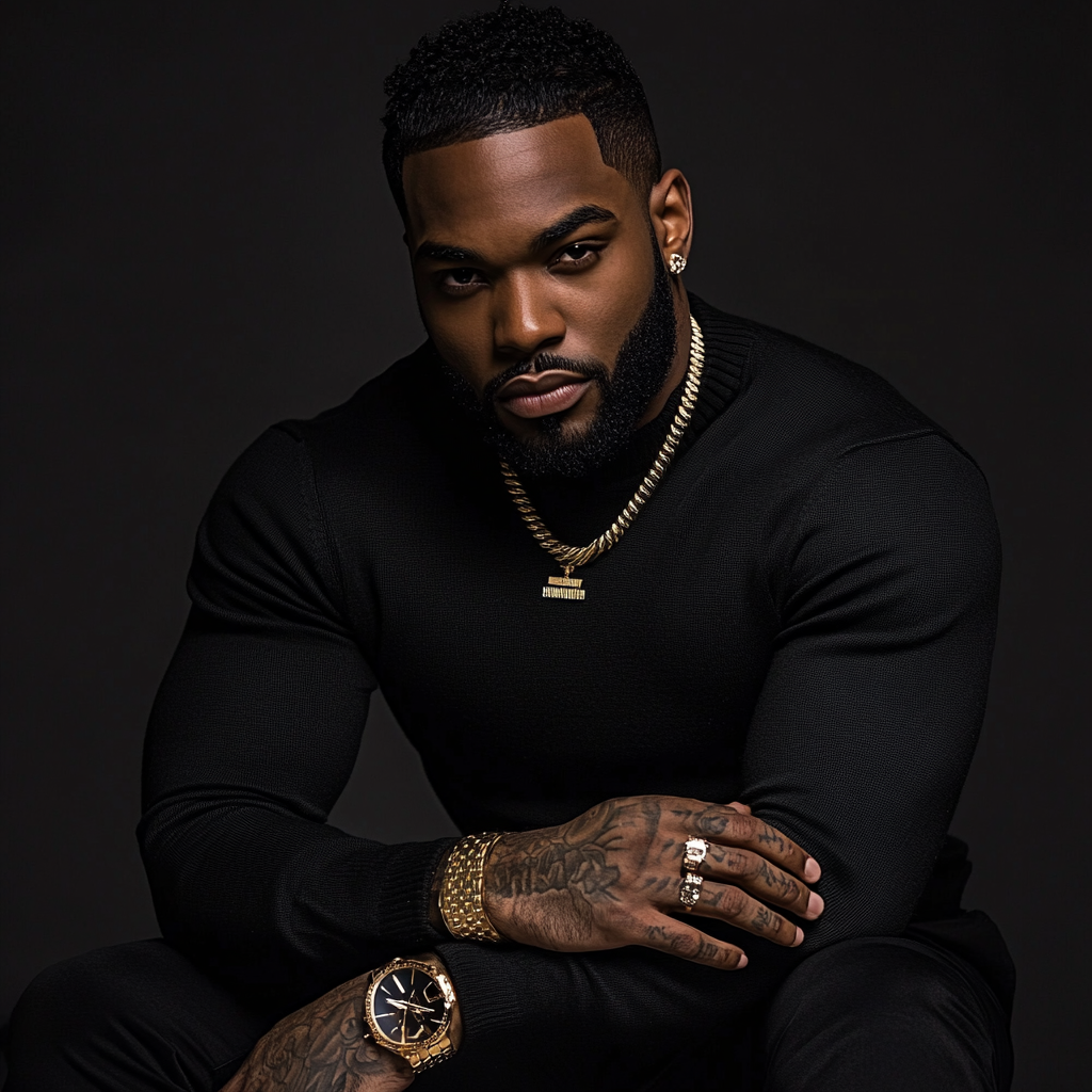 Confident black man in black sweater with tattoos sitting.