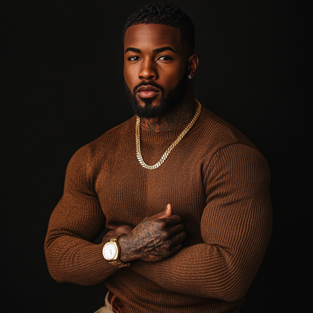 Confident black man in brown sweater with tattoos.