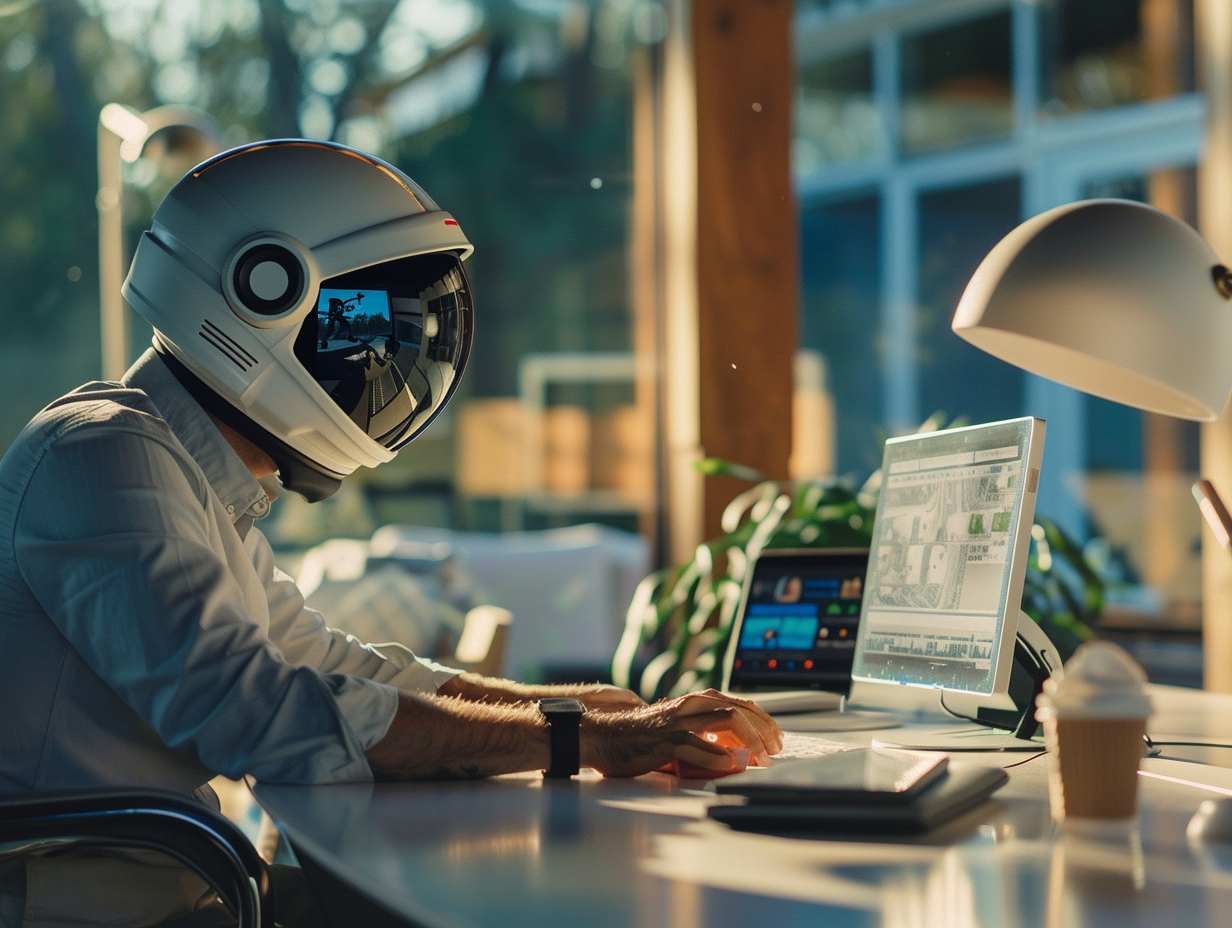 Confident business owner in casual attire with astronaut helmet.