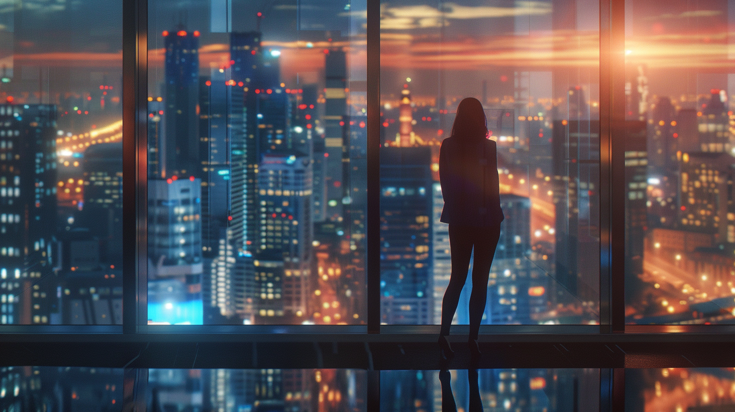 Confident businesswoman in modern office overlooking city lights.