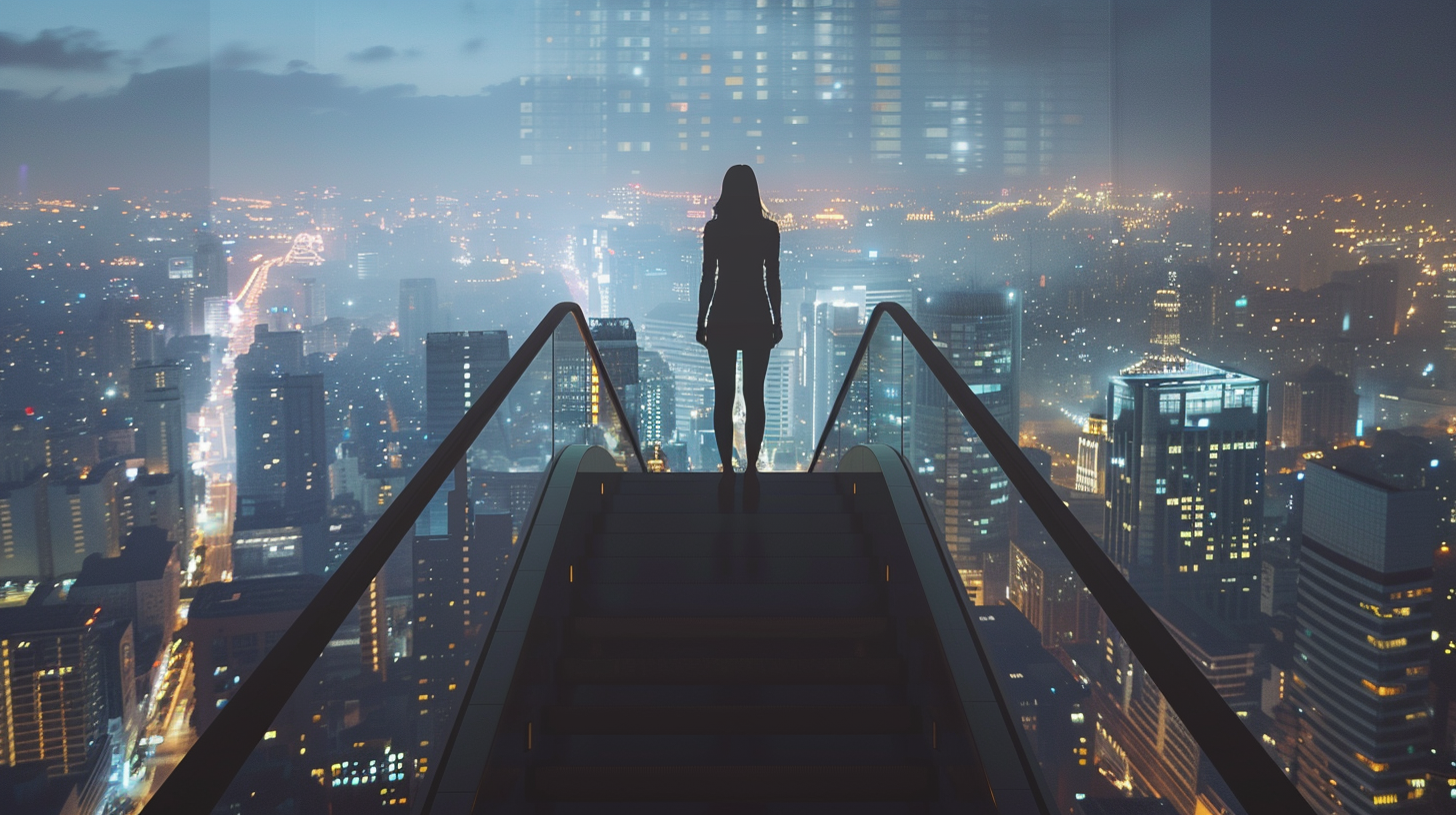 Confident businesswoman in sharp suit overlooking city lights.