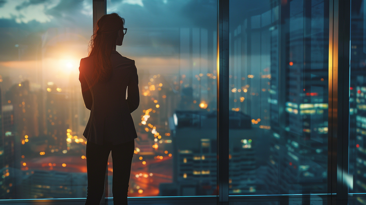 Confident businesswoman views city lights from modern office.