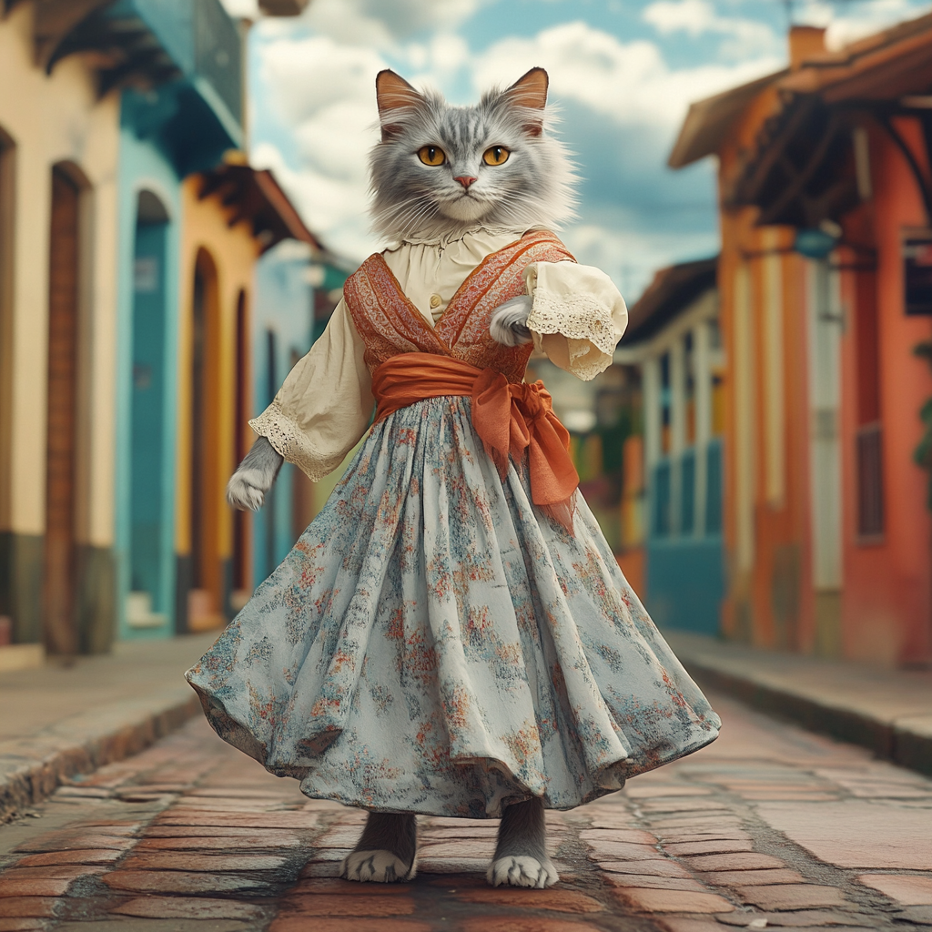 Confident cat in boho outfit on Venezuelan street.