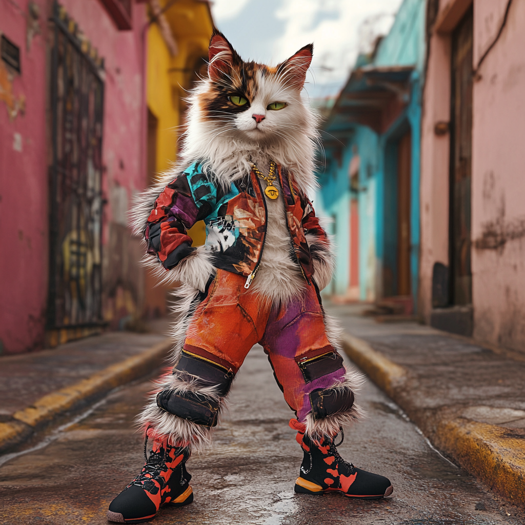 Confident cat in streetwear, fur with black patches.