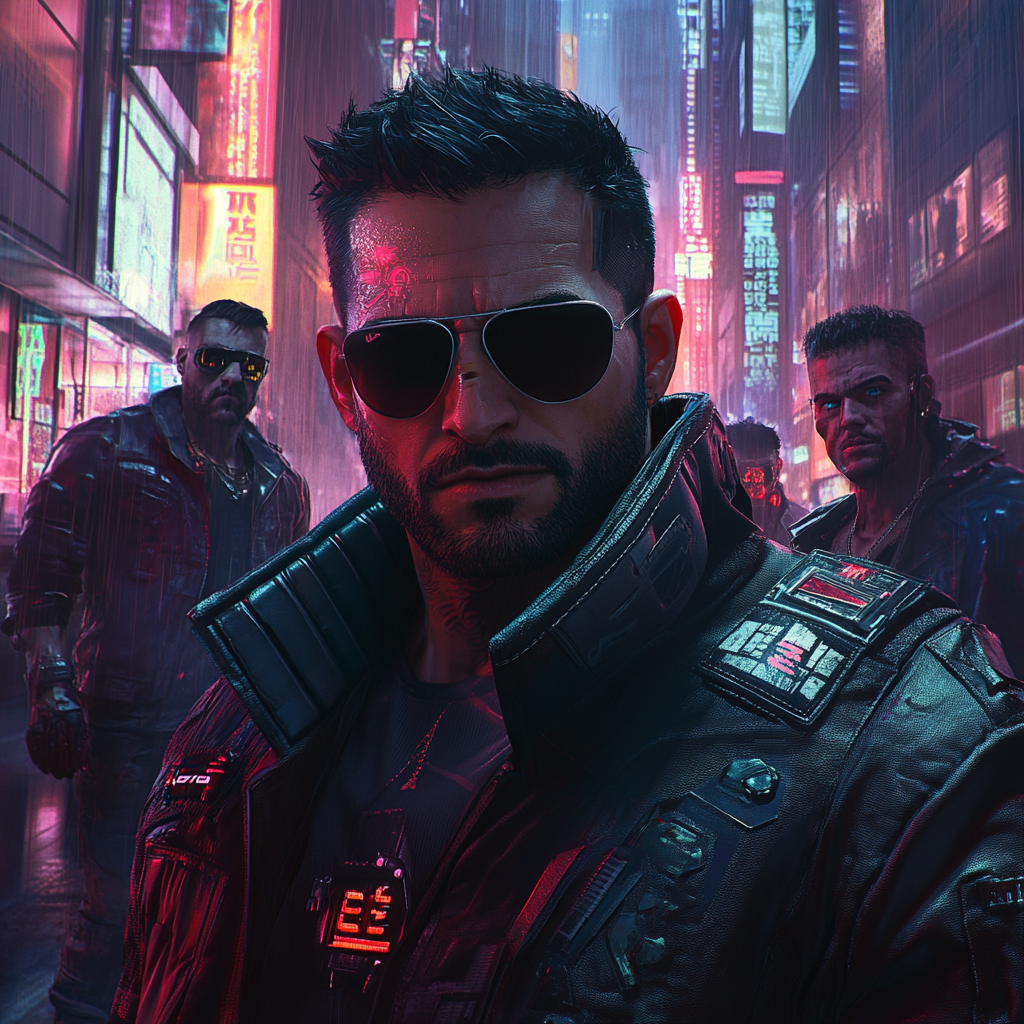 Confident cyberpunk character wears black leather jacket. Neon city.