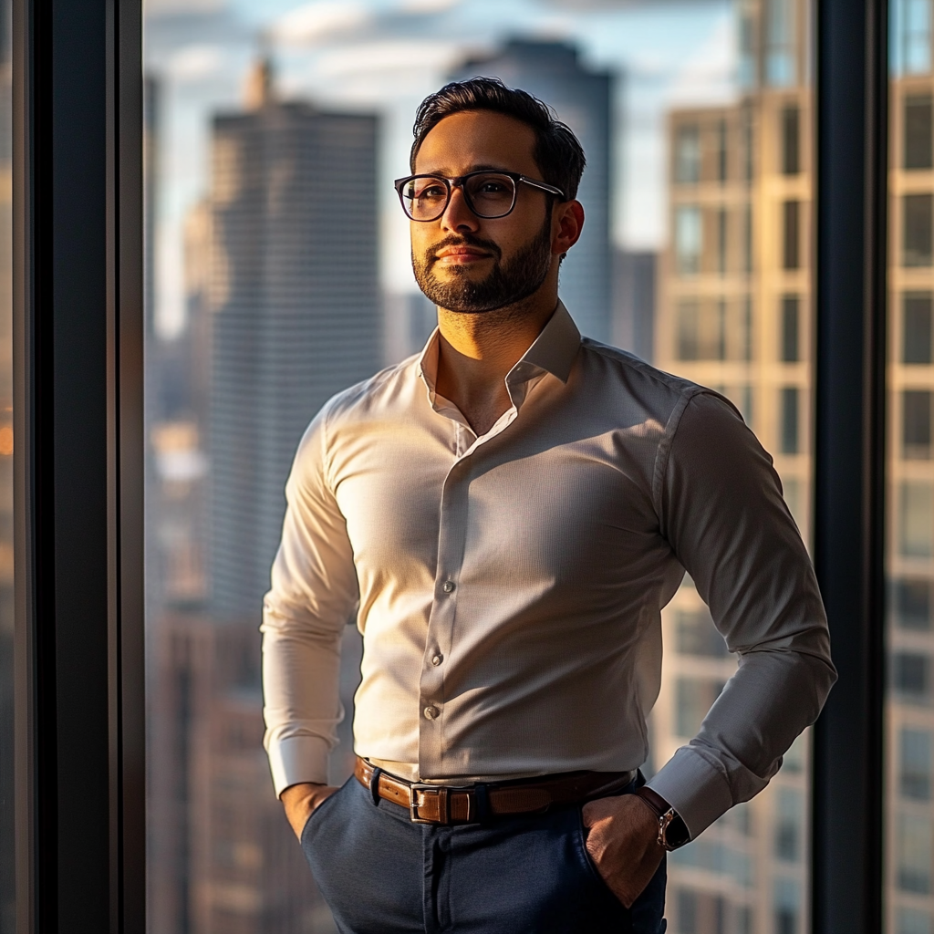 Confident executive looks out window at cityscape view