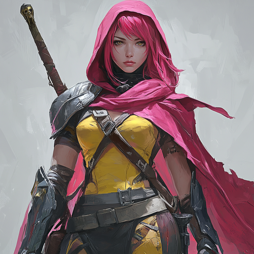 Confident female warrior in pink cape holding weapon.