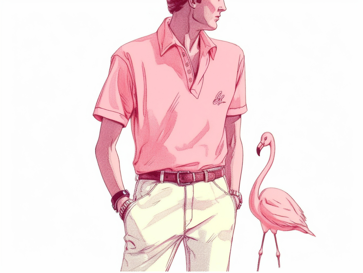 Confident flamingo in retro 80s style on yacht.