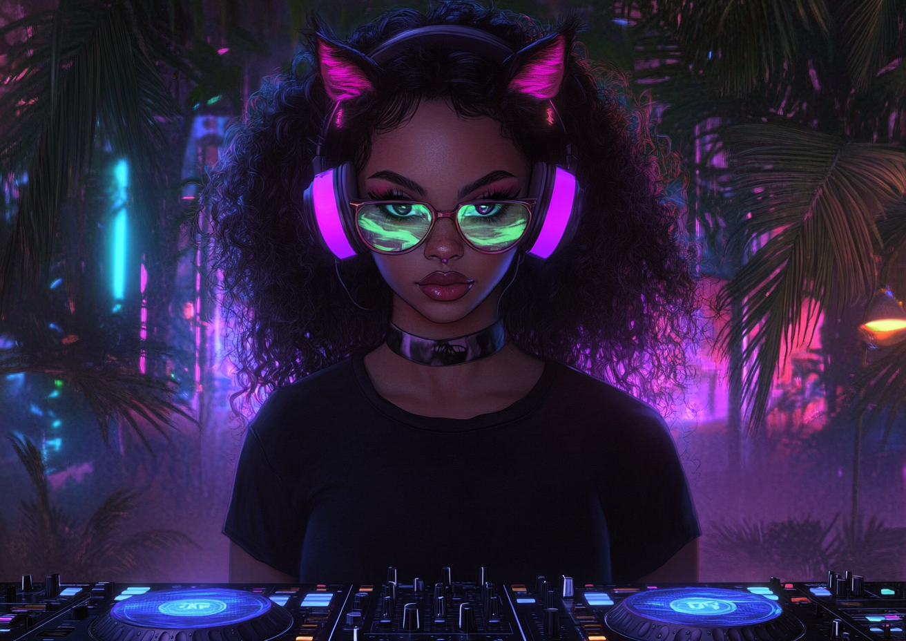 Confident kawaii punk catgirl DJ in neon jungle setting.