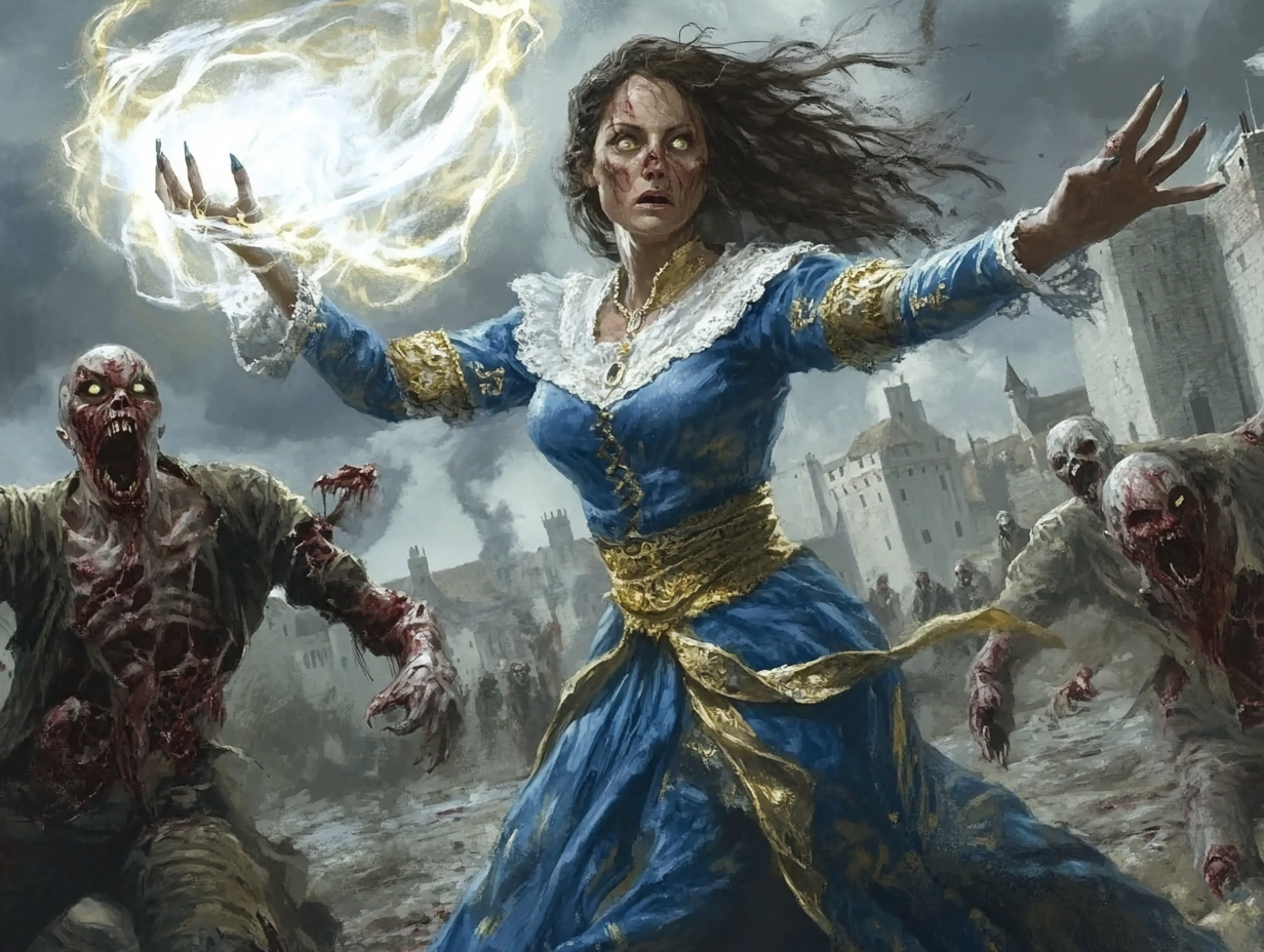 Confident mage banishes zombies from castle.