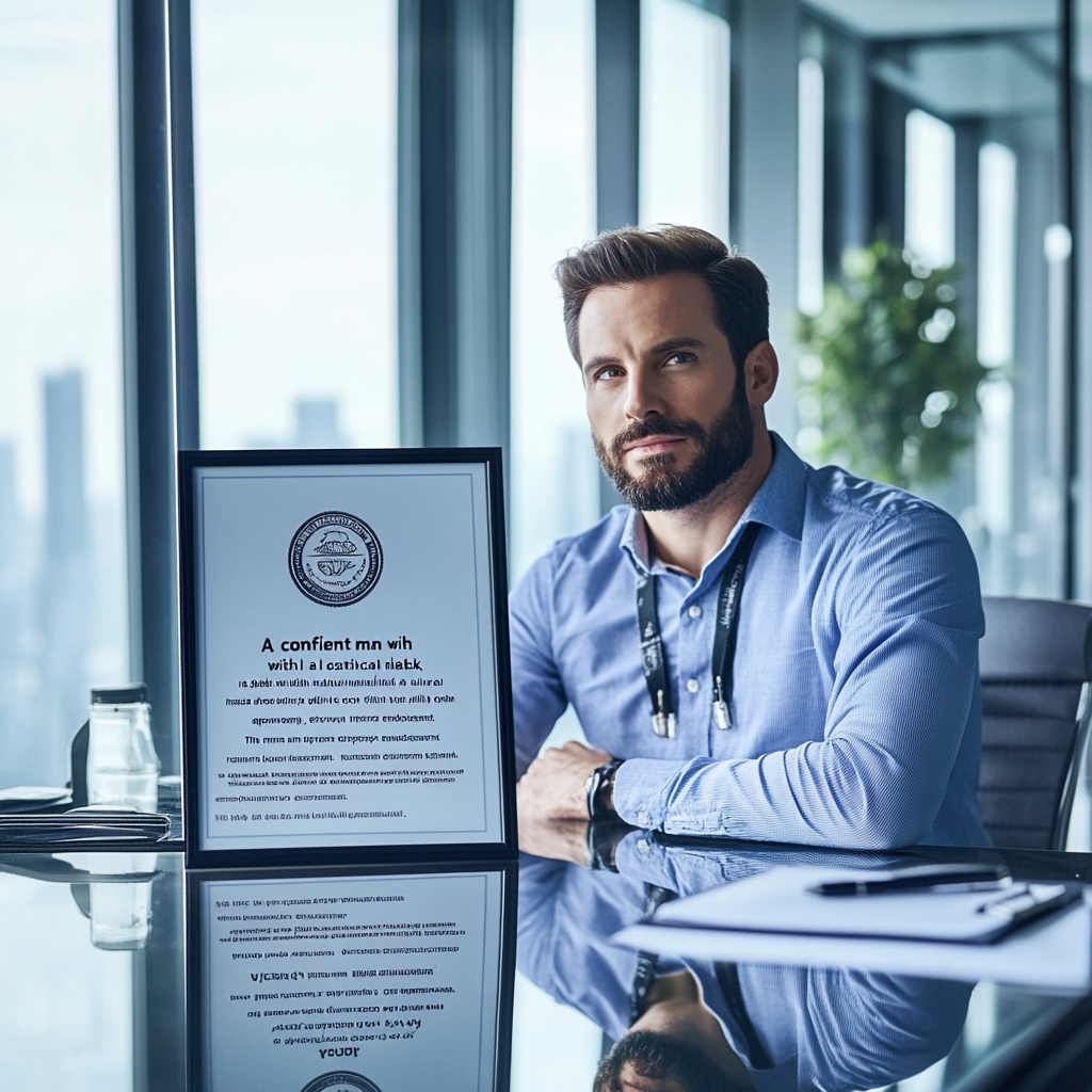 Confident man in office with full hair endorsement seal.