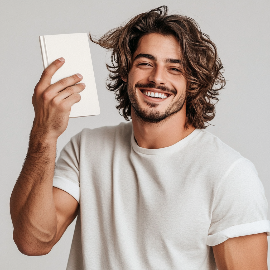 Confident man with thick, healthy hair holds book mockup.