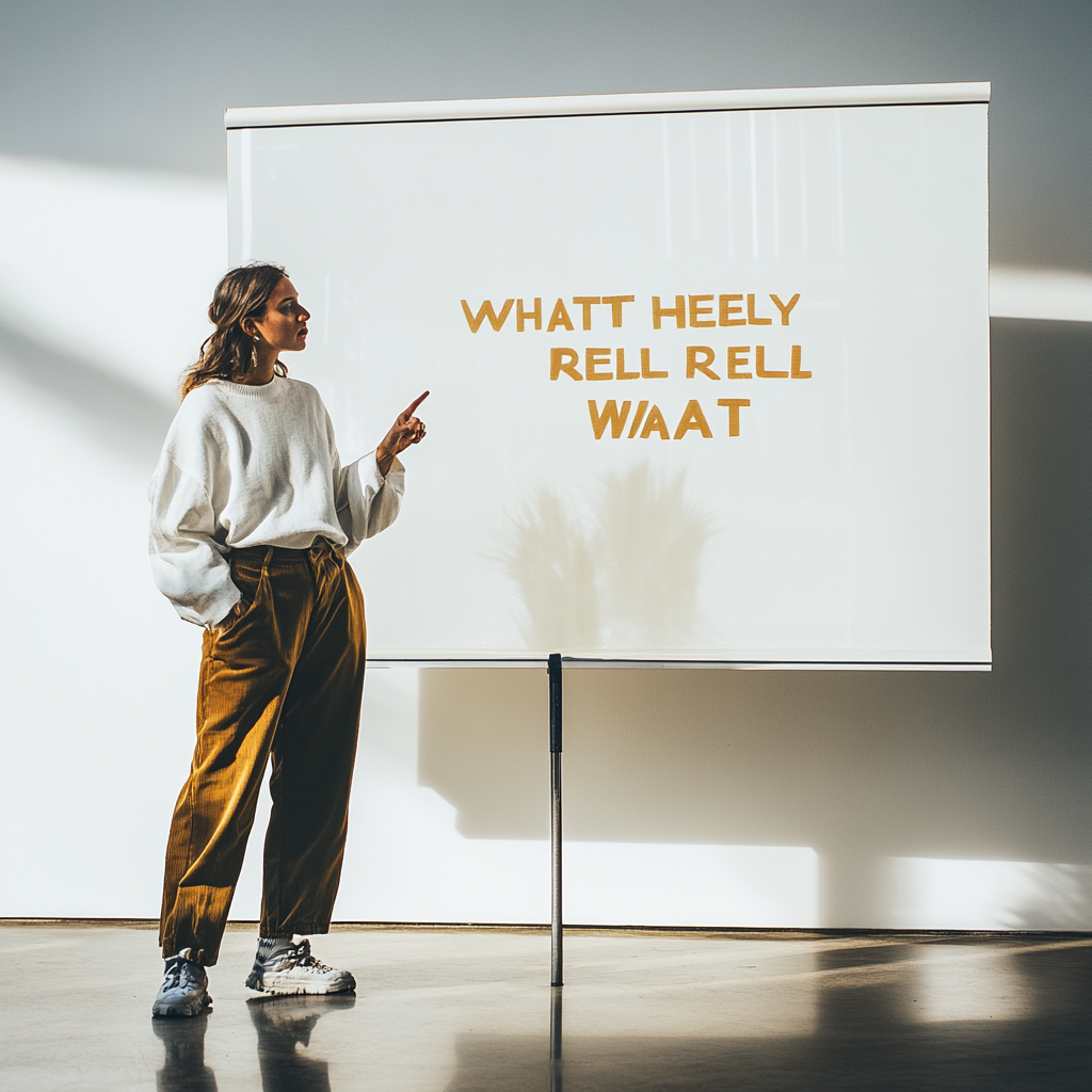 Confident person pointing at whiteboard with bold text.