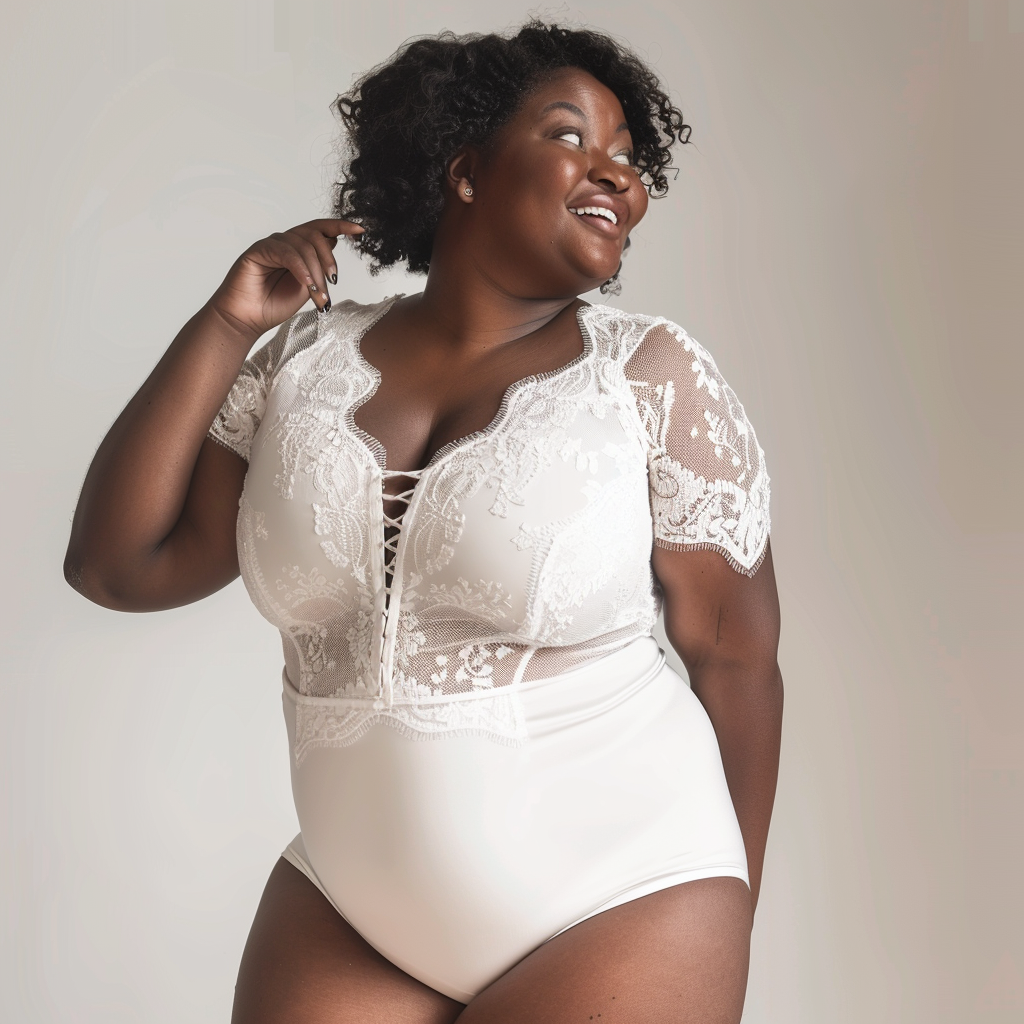 Confident plus-size woman in elegant lace bodysuit.