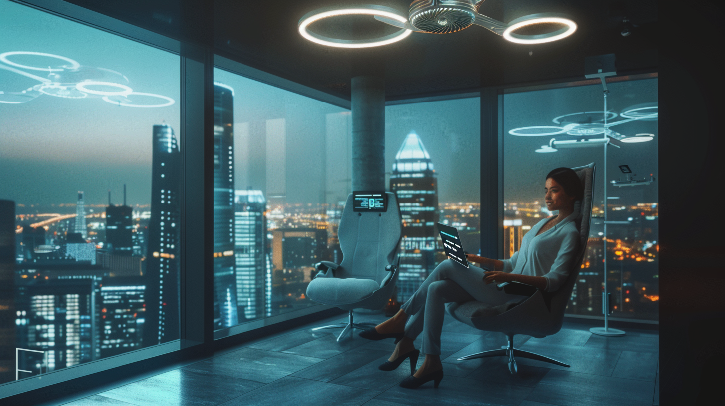 Confident real estate agent with futuristic technology in office.