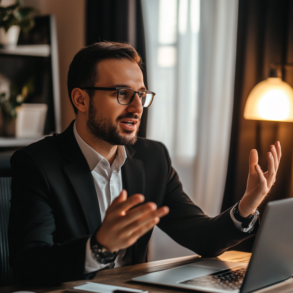 Confident salesman in suit presenting product in bright office.