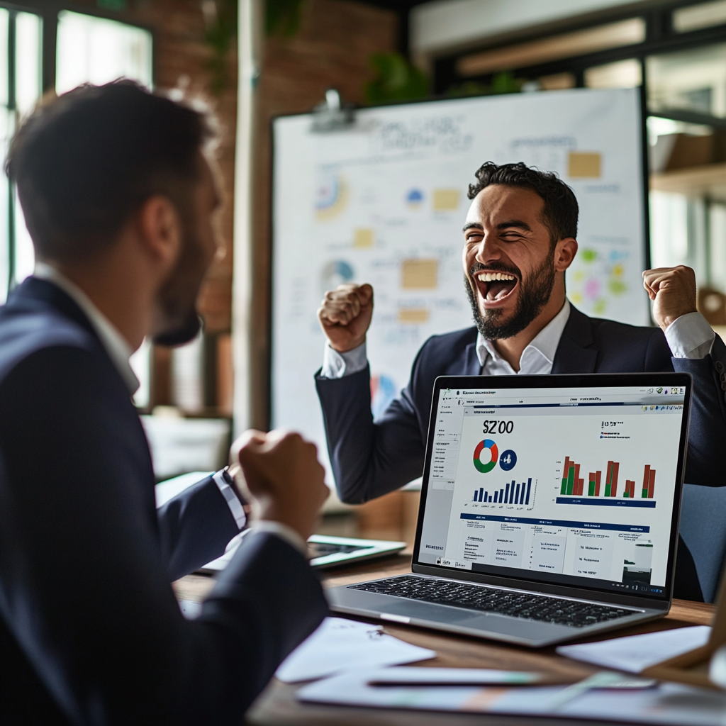 Confident salesman presents product, celebrates successful deal in office.