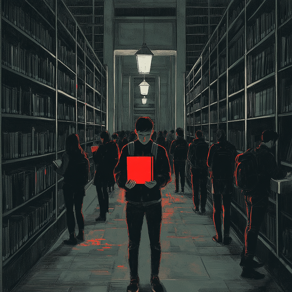 Confident student stands out with red book in library.