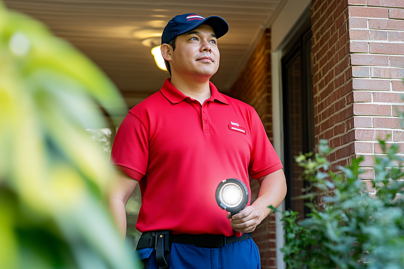 Confident technician inspects home with flashlight, vibrant colors.