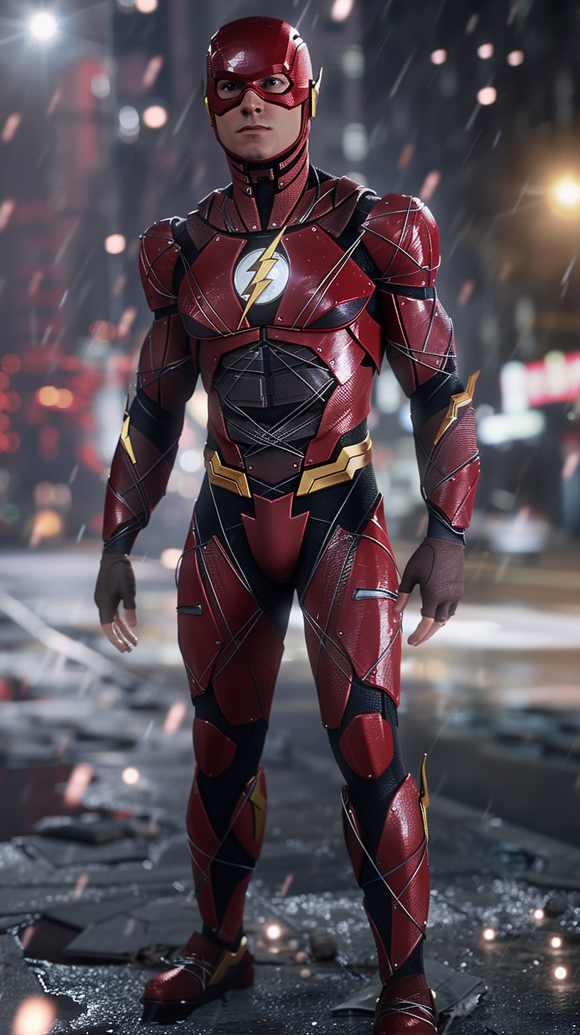 Confident unmasked Flash in red lightning suit ready to dash.