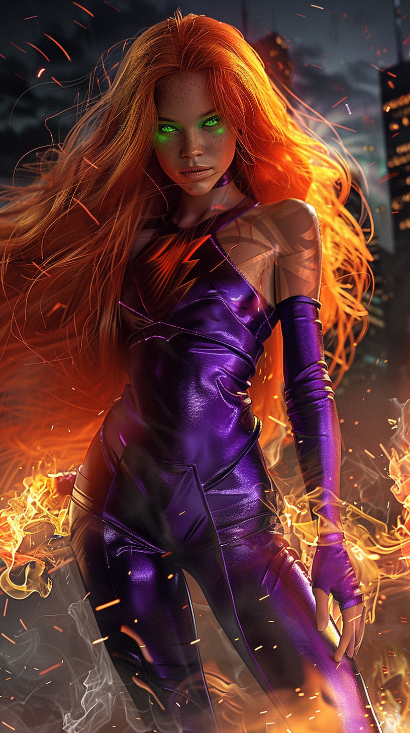 Confident unmasked Starfire in purple outfit, glowing orange hair.