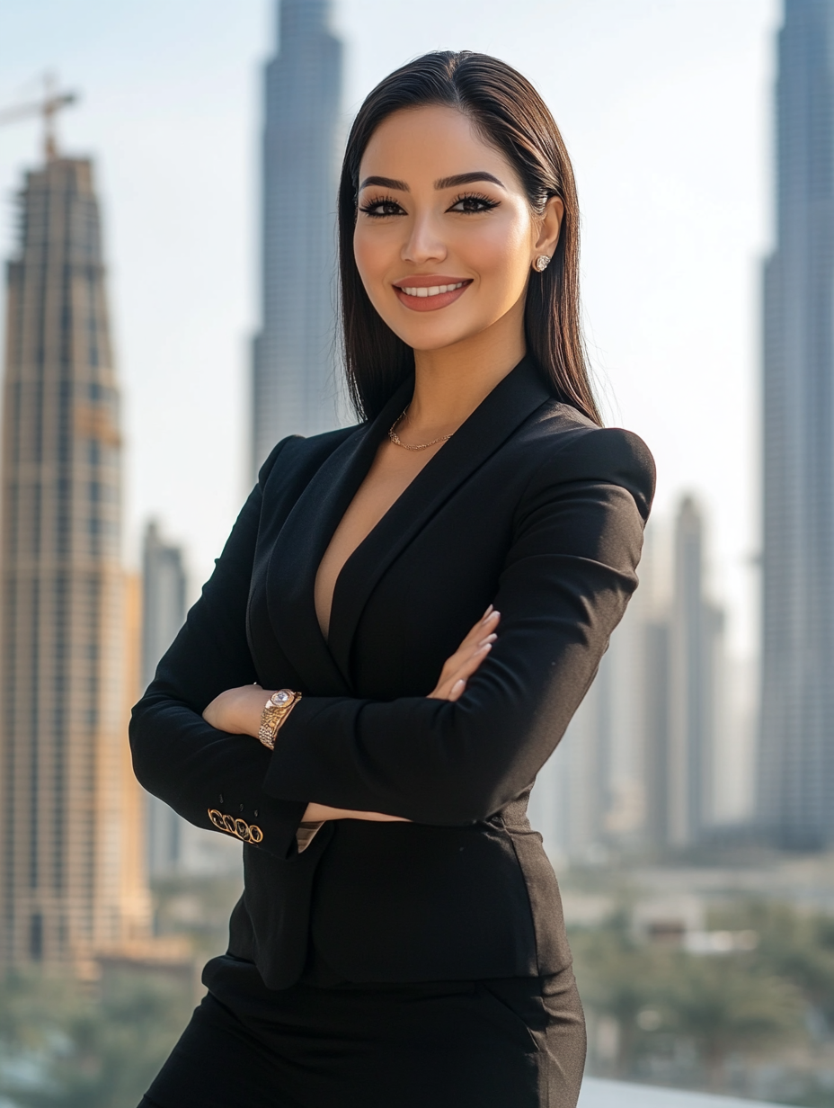 Confident woman in black suit posing in Dubai -ar 3:4