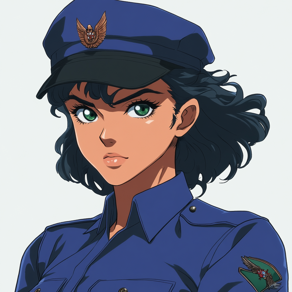 Confident woman in blue military uniform with dark hair.