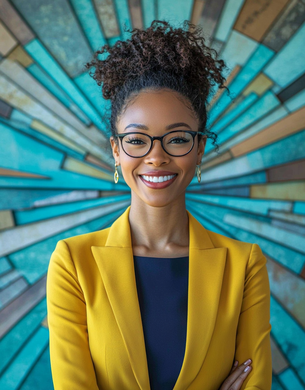 Confident woman in colorful background with dynamic texture