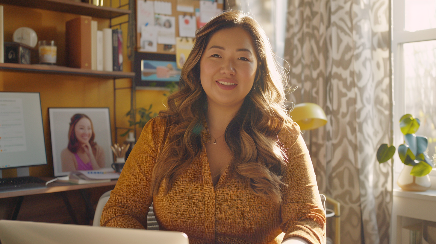 Confident woman joyfully records podcast in chic office.