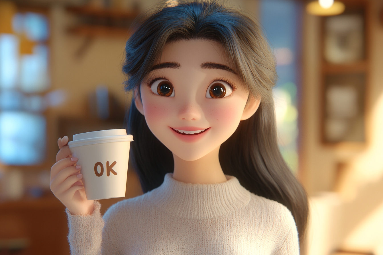 Confident young Korean woman enjoys coffee warmly