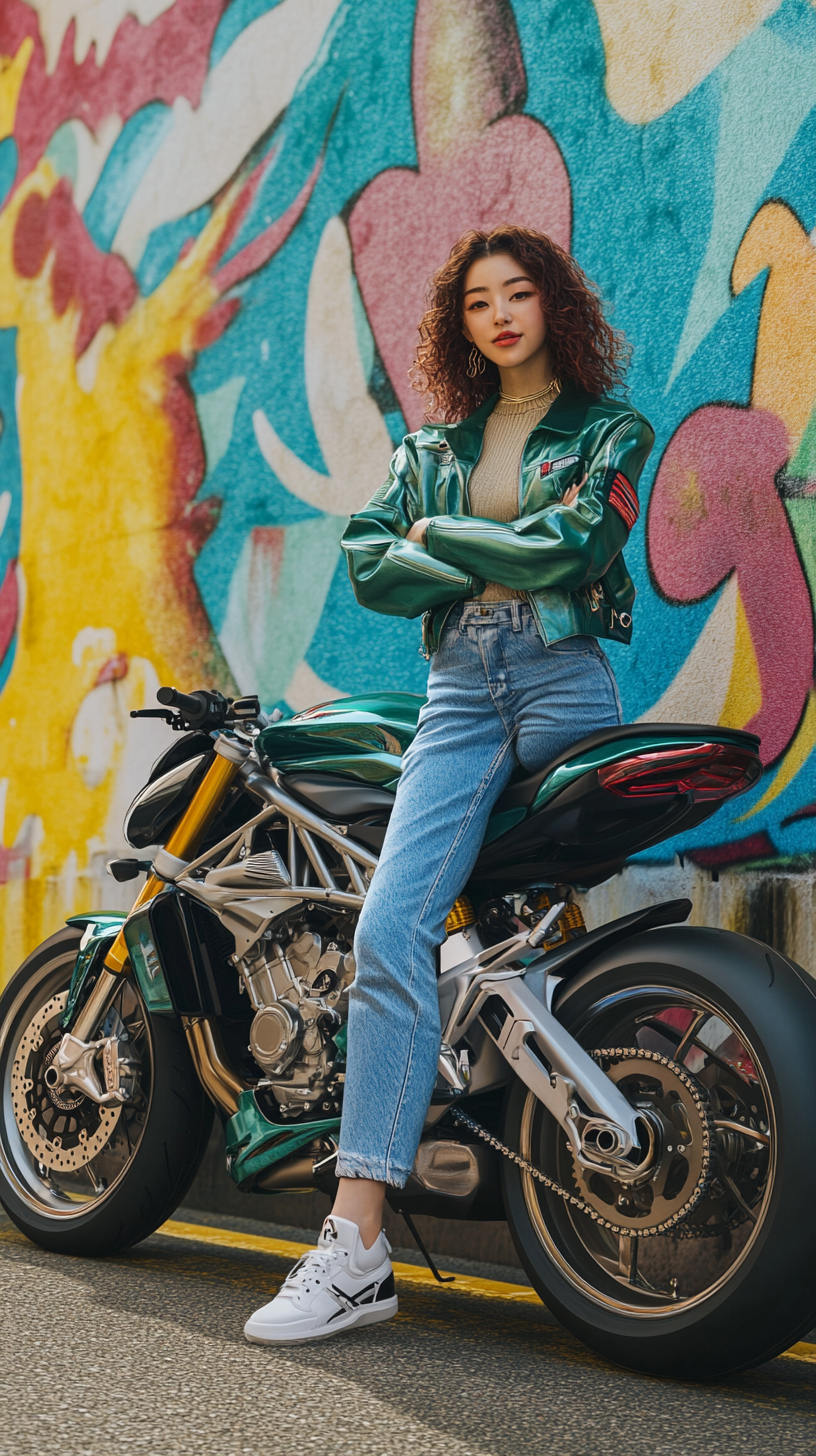 Confident young woman posing with MV Agusta F4